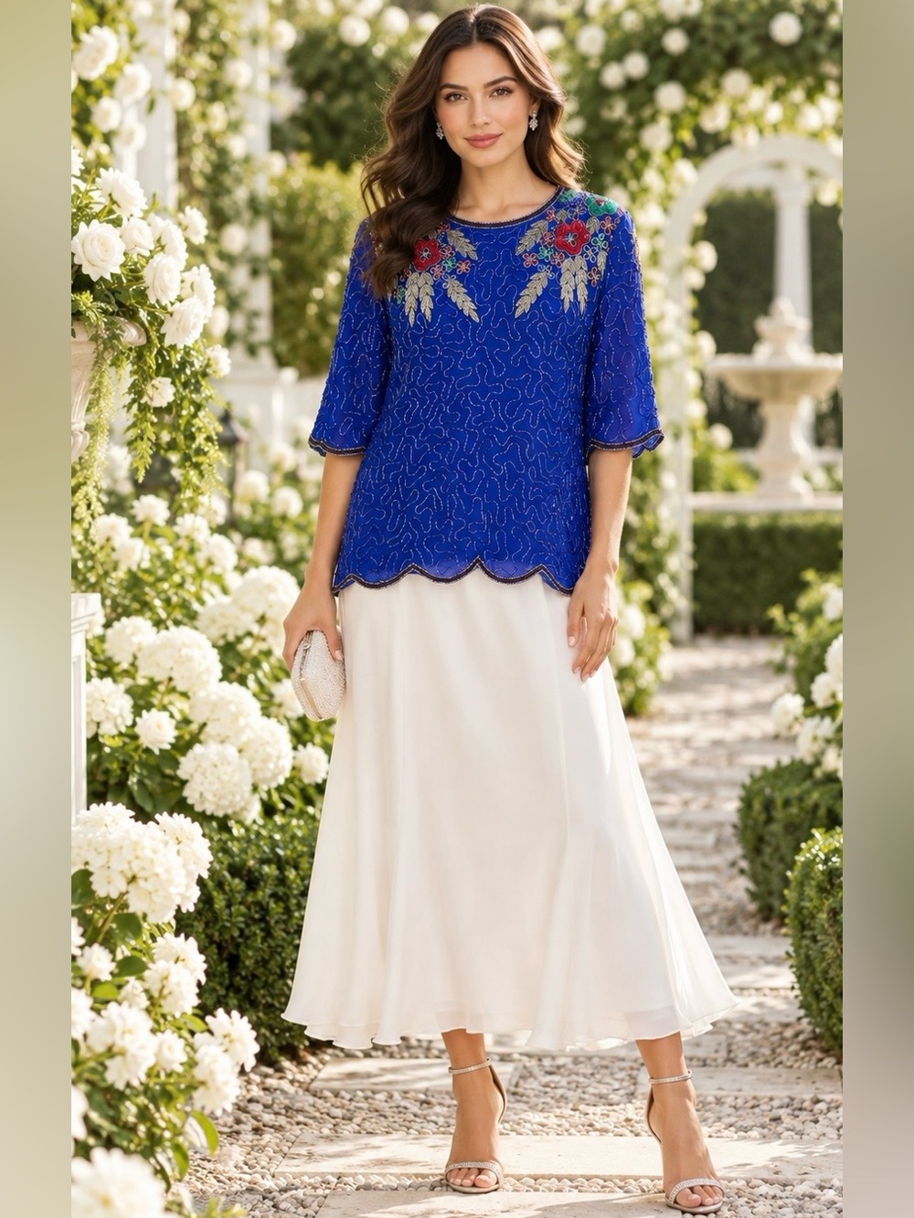 Lawrence Kazar Silk Beaded Blue Multi Flowers Top Xl